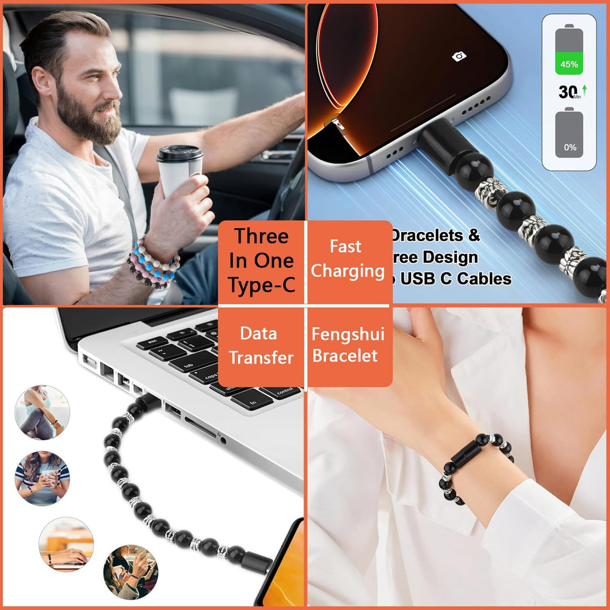 Multicolor Short Type-C Fast Charging Data Bracelet Cable: Black for Power, White for Purity, Pink for Passion, Blue for Calm - Image 2
