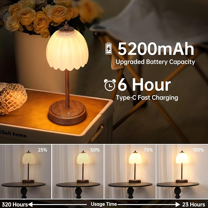Shenmoyl Tulip Table Lamp with 5200mAh Battery & Touch Control, Small Cordless Table Lamp with 3 Colors, Rechargeable Battery Operated Table Lamps for Bedroom, Desk, Bedside (White-Walnut Color) - Image 2
