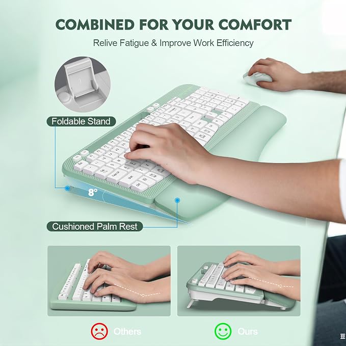 Wireless Keyboard and Mouse Combo, Full-Sized Ergonomic Wave Keys Keyboard with Memory Foam Wrist Rest & Phone Holder, 2.4G Quiet Keyboard Mouse Work Setup for PC Laptop, Office or Home (Mint Green) - Image 4