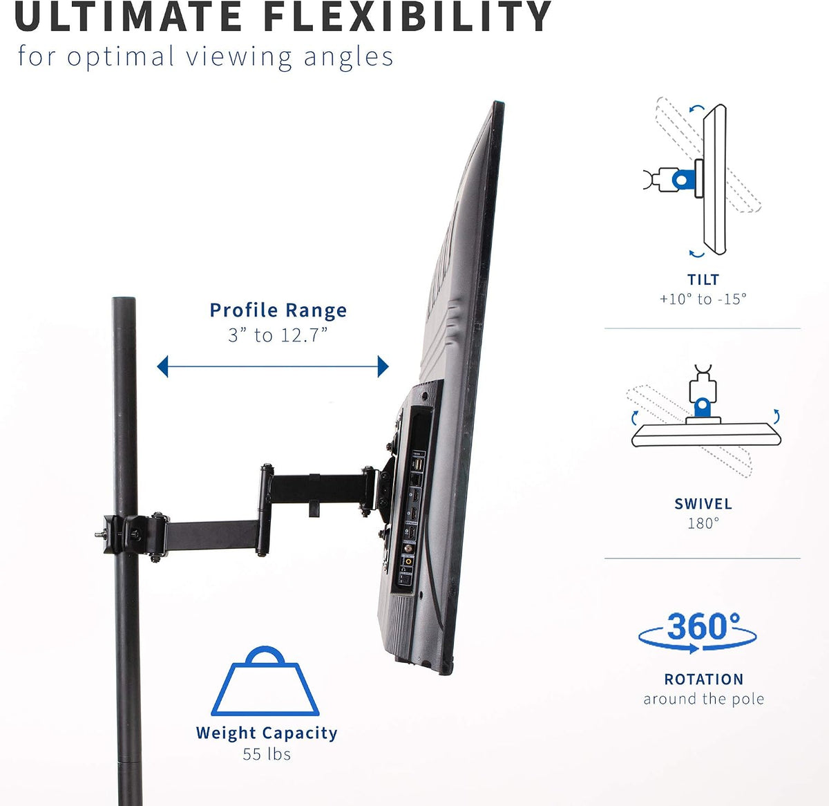 VIVO Black Pole Mounted TV Arm, 32-55 in Screens, MOUNT-POLE4A - Image 3