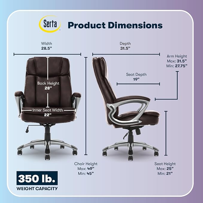 Serta Ergonomic Big and Tall Executive Office Chair Lumbar Support, Leather | Fairbanks, Gaming Chair with Headrest, 350lb Capacity, Padded Arms, Semi-Plush Seat Cushion, Adjustable Height & Tilt, Brown - Image 3
