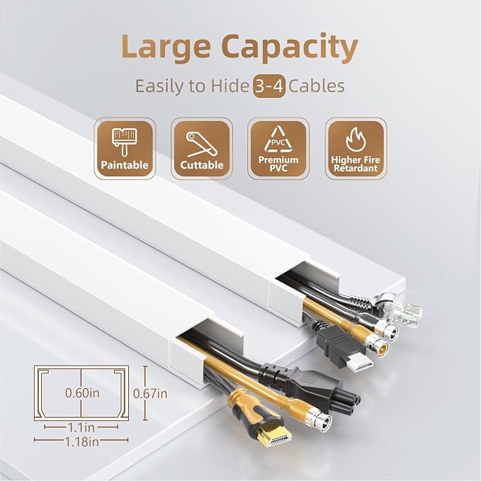 Delamu TV Cord Hider Wall, 472in Cable Hider, Large Cord Covers for 3-4 Wires on Wall, Paintable Cable Raceway to Hide Wires on Wall with 30 Raceways & 37 Accessories, 1.18in W x 0.67in H, White - Image 2