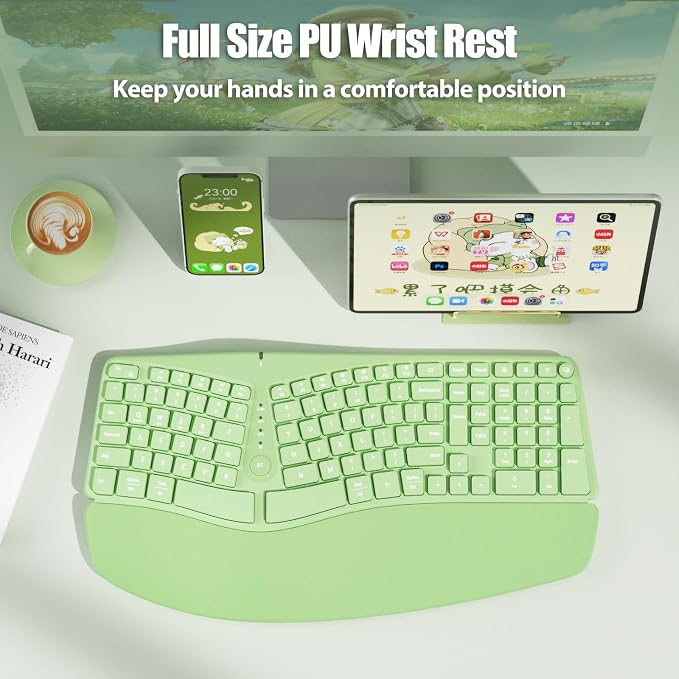 Split Ergonomic Keyboard Wireless with Cushioned Wrist & Palm Rest | Wireless 2.4G/Bluetooth/Wired USB-C, Comfortable Natural Typing, Compatible with Windows/Mac/PC/Laptop, Matcha Green - Image 3