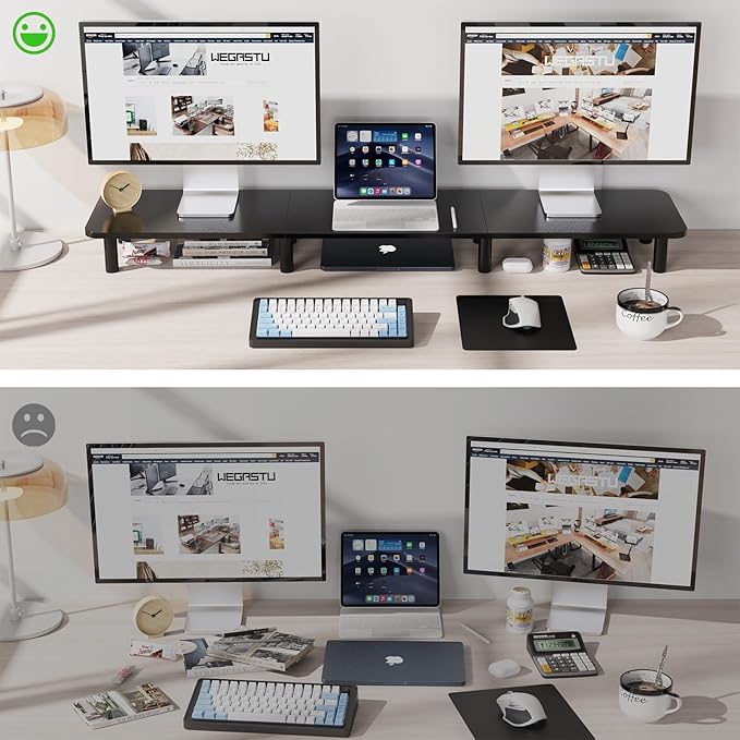 43.7" Extra Long Dual Monitor Stand Riser, Wood & Steel Monitor Stand for 2 Monitors, Wide TV Stand, Desktop Riser for Desk Organization, Home Office，Laptop,Printer,TV (Black) - Image 4