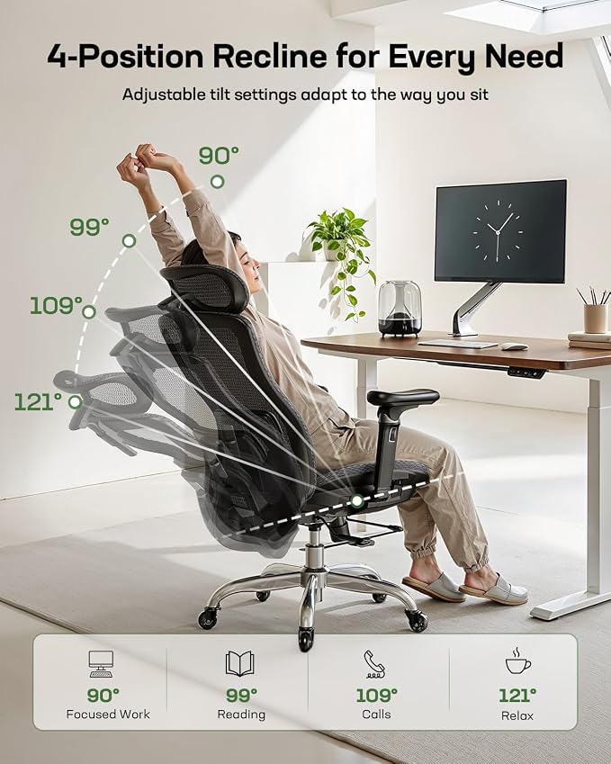 Marsail Big and Tall Mesh Ergonomic Office Chair with 6D Armrests | 6-level lumbar support, sliding seat depth, high-elastic mesh seat, 3D headrest, 4-position recline, adjustable seat height - Image 7