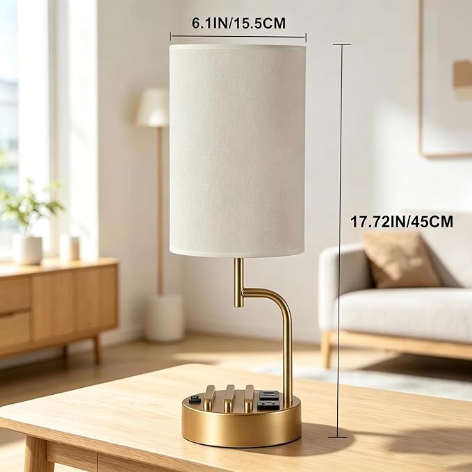 Dreamholder 2 Pack Table Lamp, Bedside Lamp with 3 USB Charging Ports & AC Outlet, USB Desk Lamp with 2 Phone Holders, Linen Fabric Shade Nightstand Lamps for Bedroom Living Room Office, Gold - Image 4