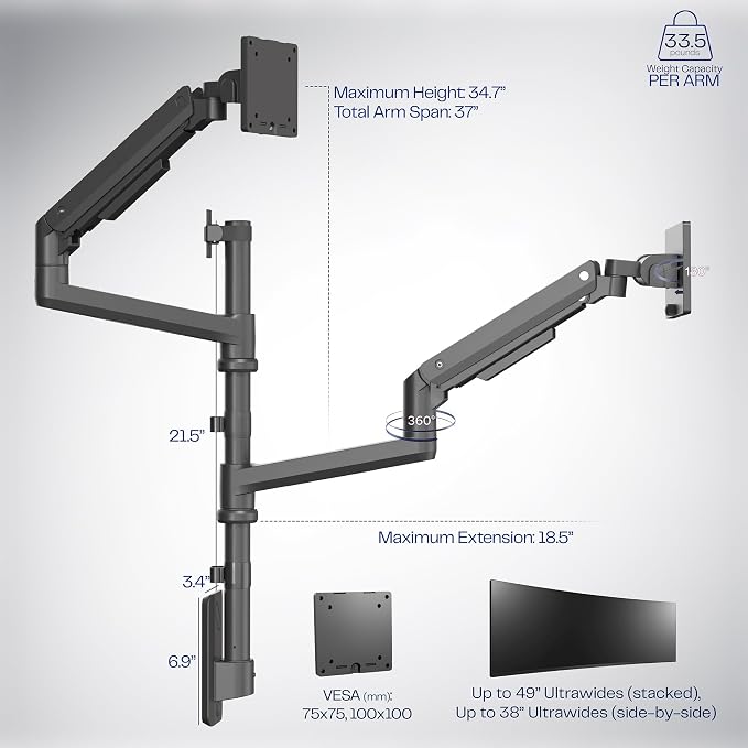VIVO Pneumatic Arm Dual Ultrawide Monitor Wall Mount for Up to 49 inch Screens, Holds 2 Ultra Wides Up to 33.5 lbs Each, Black, MOUNT-V120K - Image 3