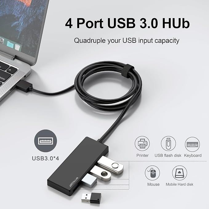USB Hub, Multiport USB Splitter Adapter, 2 ft Long Cable USB 3.0 Hub, USB Extender for Laptop, PC, iMac, Surface Pro, MacBook, Mac Pro, Flash Drive, XPS, Mouse, HDD, Black, HJ-Black-0.5M-001 - Image 2