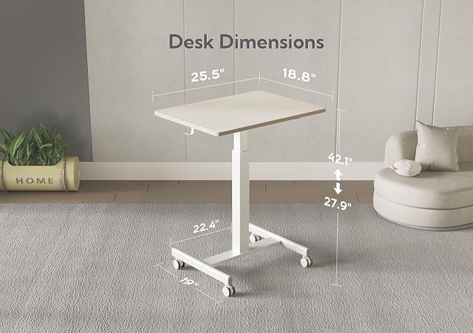 Claiks Mobile Rolling Desk Small Portable Laptop Cart on Wheels 28" Natural | Rolling Adjustable Desk, Lockable Wheels, Gas Spring Lift, Side Hook, Easy Assembly - Image 3