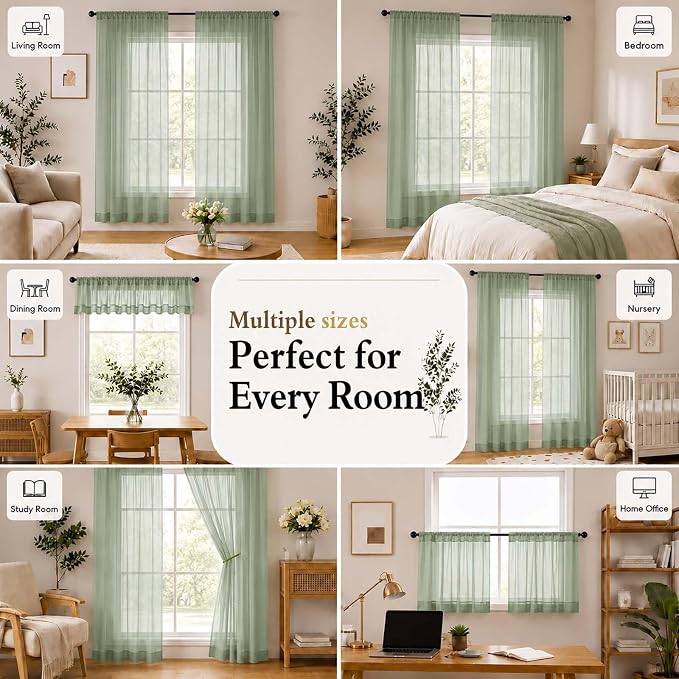 Sage Green Sheer Curtains 72 Inches Long for Living Room 2 Panels | Sheer White Curtains for Bedroom, Rod Pocket Airy Light Filtering Window Treatments, 2pcs, Each Panel 42" Width x 72" Long - Image 8