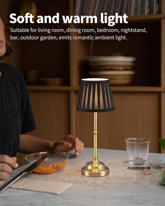 KDG Gold Cordless LED Table Lamps Set of 2, Black Fabric Shade Desk Lamps | Portable 4000mAh Rechargeable Battery Powered, Dimmable Lighting for Dining Room, Bedroom, Bedside, Night Light, Balcony - Image 3