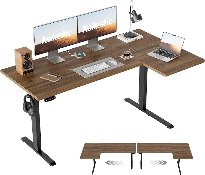 Agilestic 55 * 28 Inch Reversible L Shaped Electric Standing Desk, Walnut | Reversible left-right installation, L-shape Workspace, Sturdy Steel Frame, Memory Presets, Hooks, 176 lbs, Easy Assembly by Agilestic