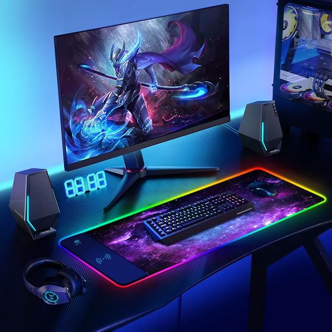 ToLuLu RGB Gaming Wireless Charging Mouse Pad, 7.5/10/15W 10 Light Modes LED Mouse Pad Computer Keyboard Mat Mousepad, 800x300x4MM Extended Large Desk Mat for MacBook, Laptop, PC, Purple Galaxy Space - Image 6