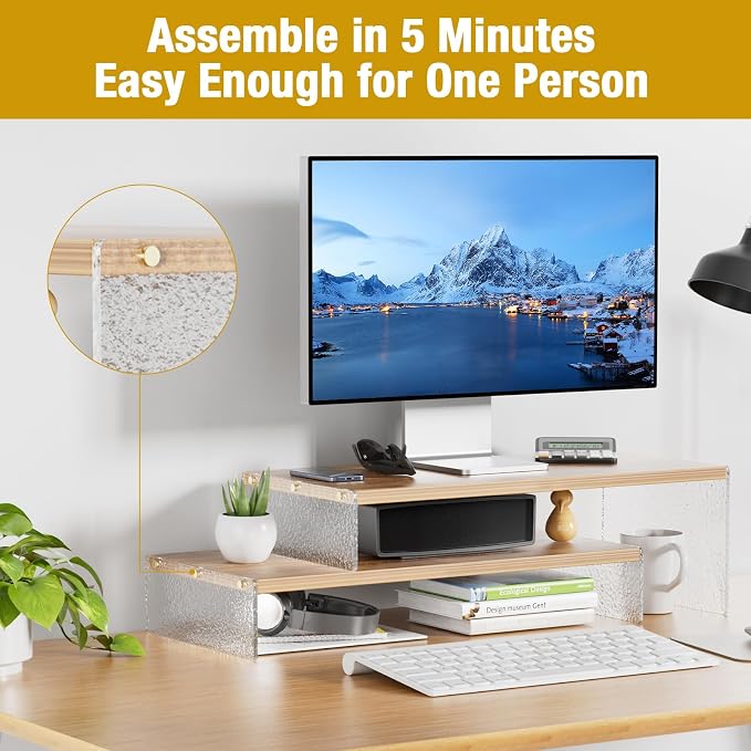 YGYQZ Adjustable Monitor Stand Riser, 9.4" ×19.3" Dual Monitor Desk Stand | Adjustable Monitor Riser, Expandable Desk Organizer, 2-Tier Storage, Acrylic Legs, Ergonomic Workspace, Wood Glacial Striae - Image 4