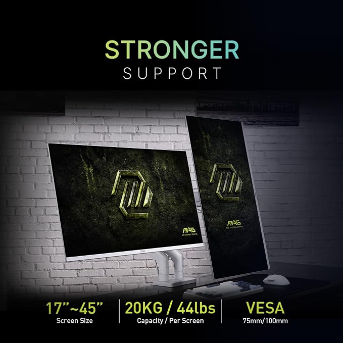 MSI MAG MT201DW - Premium Heavy Duty Dual Monitor Stand Arms, 17-45" Support, VESA Compatible, Adjustable Spring Assisted Mount, 44 lbs per Screen, Clamp & Grommet, Quick Release Plate - White - Image 3