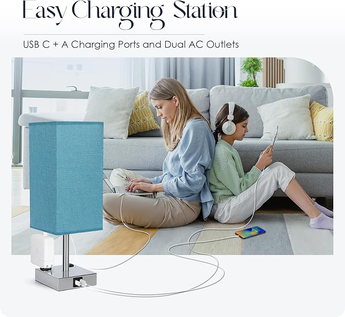 Bedside Lamp with USB Ports - Touch Control Table Lamp for Bedroom with USB C+A Charging Ports & AC Outlets, 3 Way Dimmable Nightstand Light with Flaxen Shade for Living Room (LED Bulb Included, Blue) - Image 6