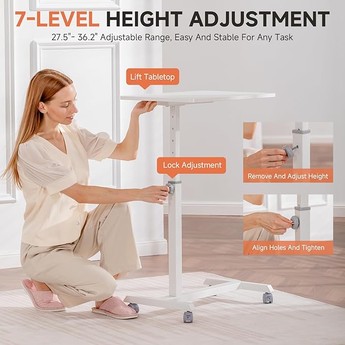 GTPLAYER Small Standing Desk, 24 Inches Mobile Rolling Laptop PC Table with Lockable Casters, Adjustable Height Overbed Bedside Table Computer Workstation for Home Office, White-Fixed - Image 5