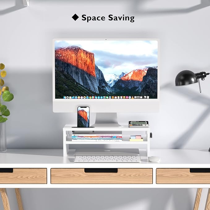 BONTEC Wooden Monitor Stand Riser for Desk, 2-Tier Computer Monitor Stand | 66 lbs Desk Shelf Organizer with Storage, Laptop & Printer Stand with Phone Holder and Cable Management, White, 16.5 Inch - Image 7