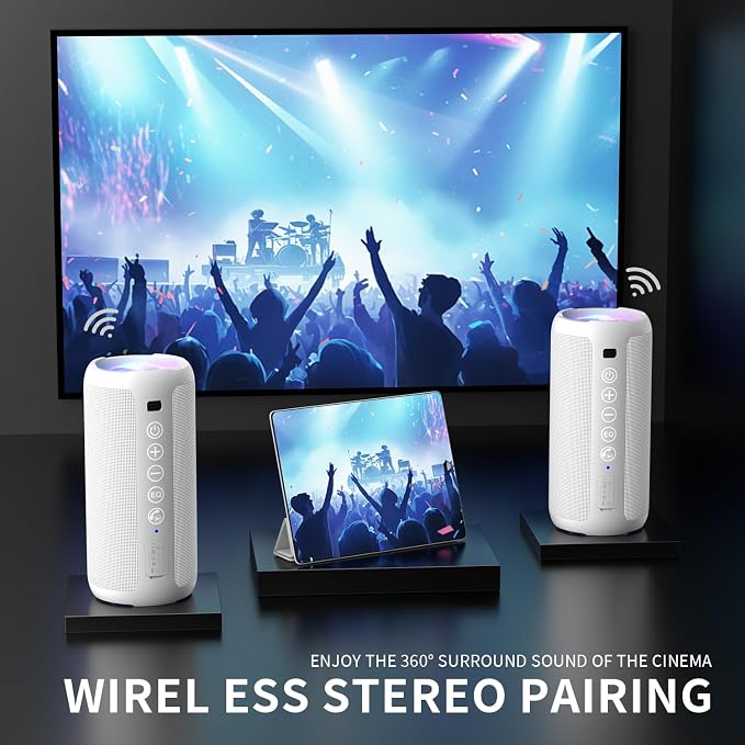 Ortizan Portable Bluetooth Speaker: IPX7 Waterproof, 24W Loud Sound, White | Deep Bass, Bluetooth 5.3, LED Lights, Wireless Stereo Pairing, 30H Playtime, for Home/Outdoor/Party/Beach, Birthday Gift - Image 3