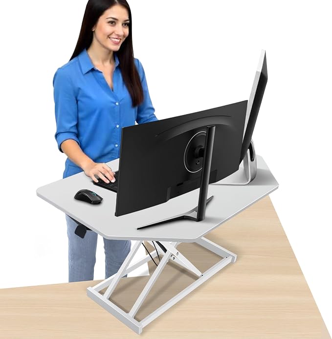 34 inch White Corner Height Adjustable Standing Desk Converter, One-Click Sit to Stand up Desk Riser, Pre-Assembled Dual Monitor and Laptop Workstation by Aconcept