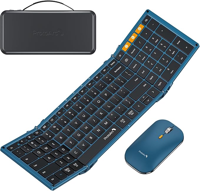 ProtoArc XKM01 Full-Size Foldable Keyboard Mouse Combo for Travel - Blue | 105-key keyboard, slim mouse, hard case and phone stand; 3-device Bluetooth & 2.4G switching, for travel office use by ProtoArc