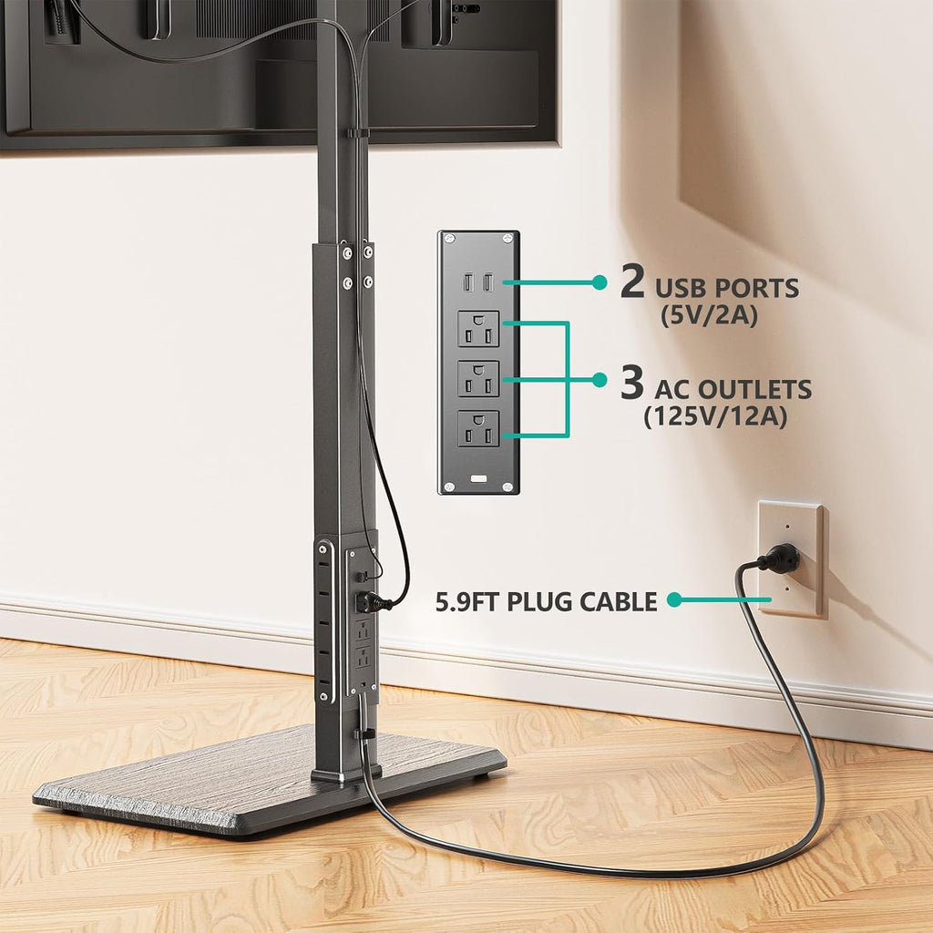 WALI Floor TV Stand with Power Outlet, Tall TV Stand Mount for 32-75 inch TV up to 110 lbs, Swivel and Height Adjustable TV Stands with Wood Base for Bedroom, Living Room(TVDVD-7P), Black - Image 5