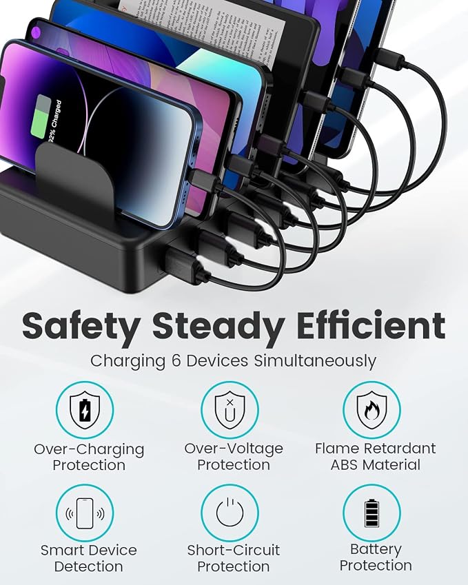 50W 6 Ports Multi Charger Station, USB Charging Dock for Multiple Devices | with 6 Cables, 1 USB-A to USB-C Adapter Converter, Compatible with Cellphone iPad Kindle Tablet and Other Electronic Devices - Image 3