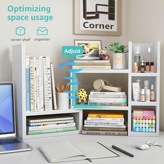NUTIKAS Desk Shelves Desktop Organizer Shelf - White Office Organization for Top of Desk Organizers and Accessories Corner Bookshelf Table Top Shelving Small Hutch Decorations for Women Office - Image 5