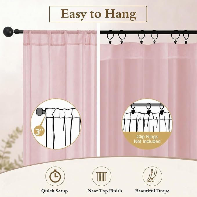 Blush Sheer Curtains 84 Inch Long 2 Panels for Living Room 52" Wide | Sheer White Curtains for Bedroom, Elegant Airy Light Filtering Window Treatments, Rod Pocket, 2pcs Each Panel 52" W x 84" L - Image 6