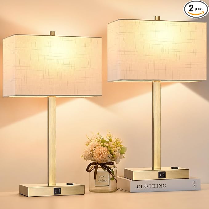 21" Touch Bedside lamps with 2 USB & AC Outlets, 3-Way Dimmable Bedside Table Lamps Set of 2 for Bedroom Living Room Office Reading, White Shade Lamps for Night Stands, 2700K LED Bulbs Included by BringBrightnesstoYourLife