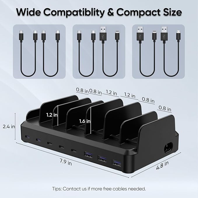 Lcssio 300W Charging Station for Multiple Devices, 8 Port Fast Charger | Fast Charging, Safety Certified, Compact Design, Organized Charging, Multiple Devices at Once, With 6 Cables - Image 5
