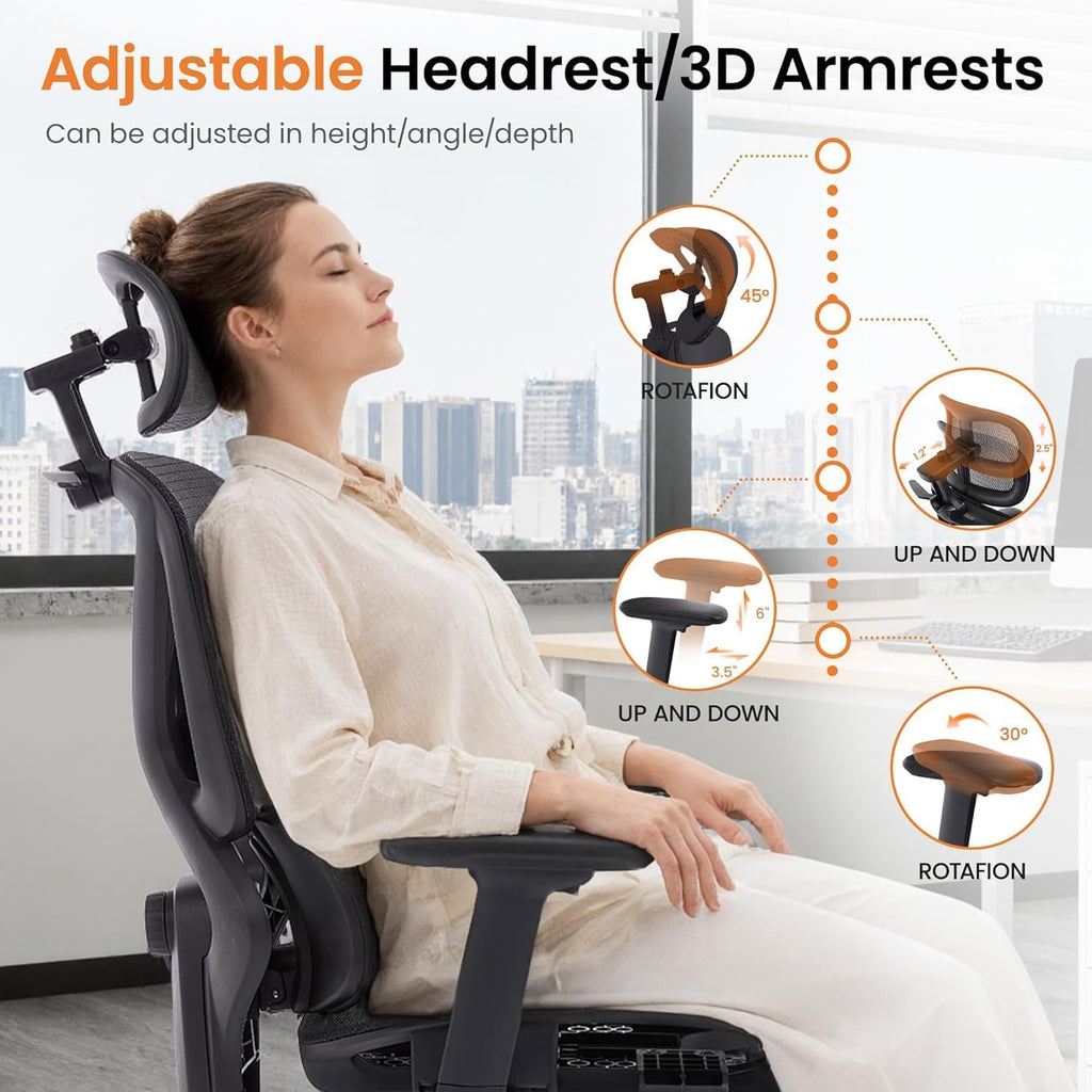 LuxErgo High Back Ergonomic Mesh Office Chair, Home Desk Chair with Adjustable Lumbar Support Foot Rest, 3D Headrest and Armrests, 350lbs Big and Tall High Back Reclining Gaming Chair, Black - Image 5