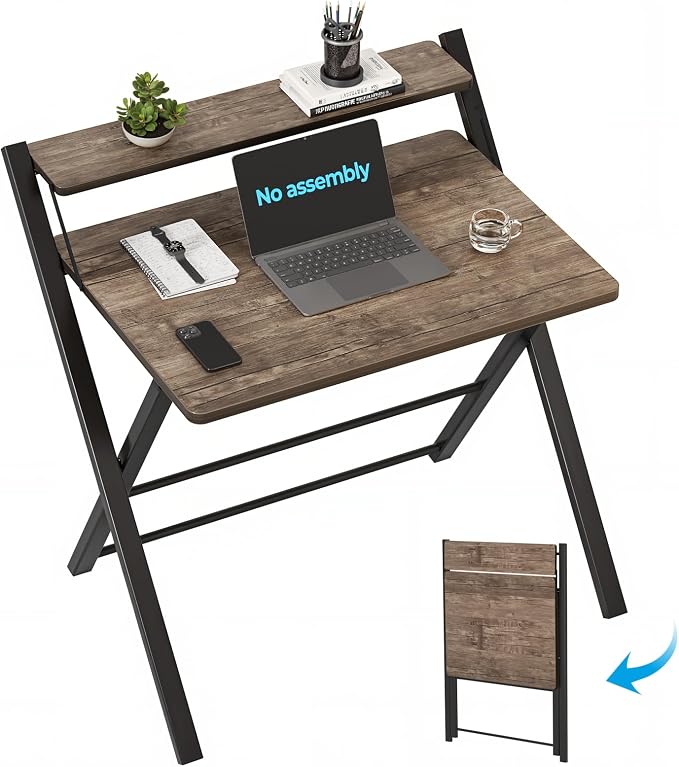 GreenForest Folding Desk No Assembly, Sturdy Computer Desk for Small Spaces | Portable Foldable Table for Laptop, 2-Tier Compact with Shelf, Space Saving for Home Office, Dorm, Apartment, 27"x 22" Brown by GreenForest