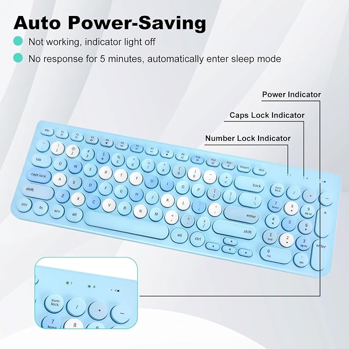 Wireless Keyboard and Mouse Combo, Retro Typewriter Keyboard with Round Keycaps, 2.4GHz USB Cute Wireless Keyboard Mouse for Computer, Desktop, Laptop (Blue Colorful) - Image 3