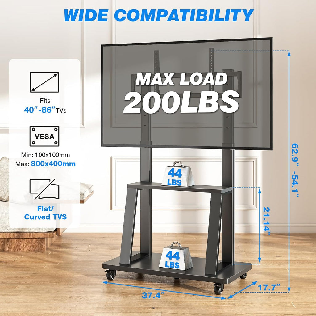 Rfiver Mobile TV Cart Rolling TV Stand for 40-86 inch TVs Up to 200lbs, Heavy-Duty Portable TV Stand on Wheels with 2-Tier Wooden Storage Shelves, Height Adjustable, Max VESA 800x400mm, Black - Image 2