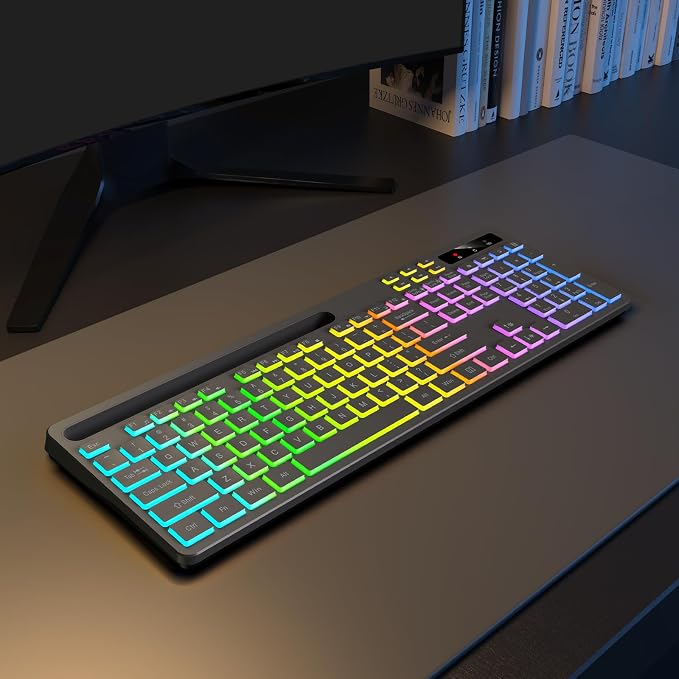 Soueto Wireless Keyboard with 7-Color RGB Backlit, Full-Size Computer Keyboard with Phone Tablet Holder, 2.4G Rechargeable Gaming Keyboard with Light Up Keys, Compatible with Mac, Windows (Grey) - Image 9