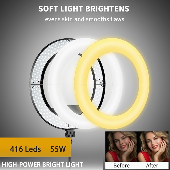 18" 55W Ring Light, High Brightness, No Bracket, Linkable on Wall-Mounted Triangular Arm, Ideal for Studios & Makeup, Live Streaming & Hair Salons, Best Beginner LED Light - Image 2