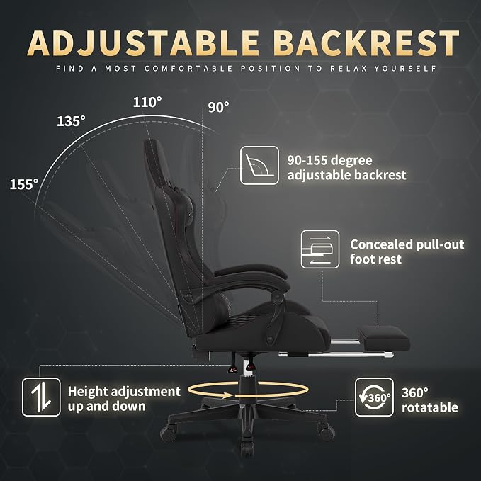 Gamtimer Gaming Chair, 400 LB Weight Capacity,with Pocket Spring Cushion | Ergonomic Backrest Office Chair,Leather, with Headrest and Lumbar Support, Footrest, Suitable for Adults(Black) - Image 6