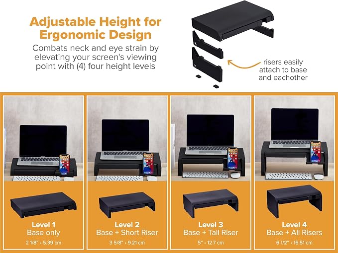 Bostitch Konnect Adjustable Monitor Riser with Drawer & Cell Phone Holder, Laptop Stand for Desk, 4 Height Levels, Cable Management & Rubber Feet - Image 2