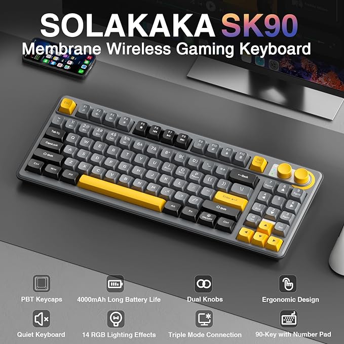 SOLAKAKA SK90 75% Wireless Gaming Keyboard - 4000mAh Tri-Mode (BT5.0/2.4G/USB-C) Cute Creamy Gaming Keyboard with Number Pad, Media Knob, RGB Backlit, Quiet Keys Silent Office Keyboards for PC MAC - Image 2