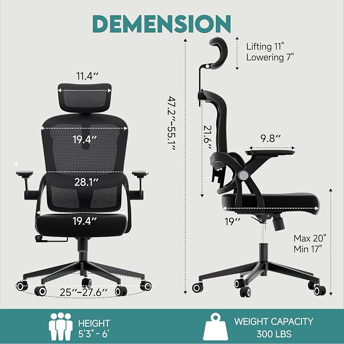 Monhey Ergonomic Office Desk Chair, 90°-125° Tilt Back Home Desk Chair with 360° Swivel & Mute Wheels, High Back Mesh Computer Chair for Adults with Lumbar Support, 330 LBS Capacity(05Black) - Image 2