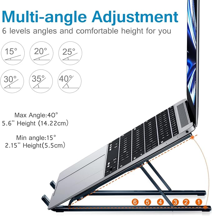 ivoler Laptop Stand, Laptop Holder Riser Computer Tablet Stand, 6 Angles Adjustable Aluminum Ergonomic Foldable Portable Desktop Holder Compatible with MacBook,iPad 10-15.6” Midnight Blue - Image 4