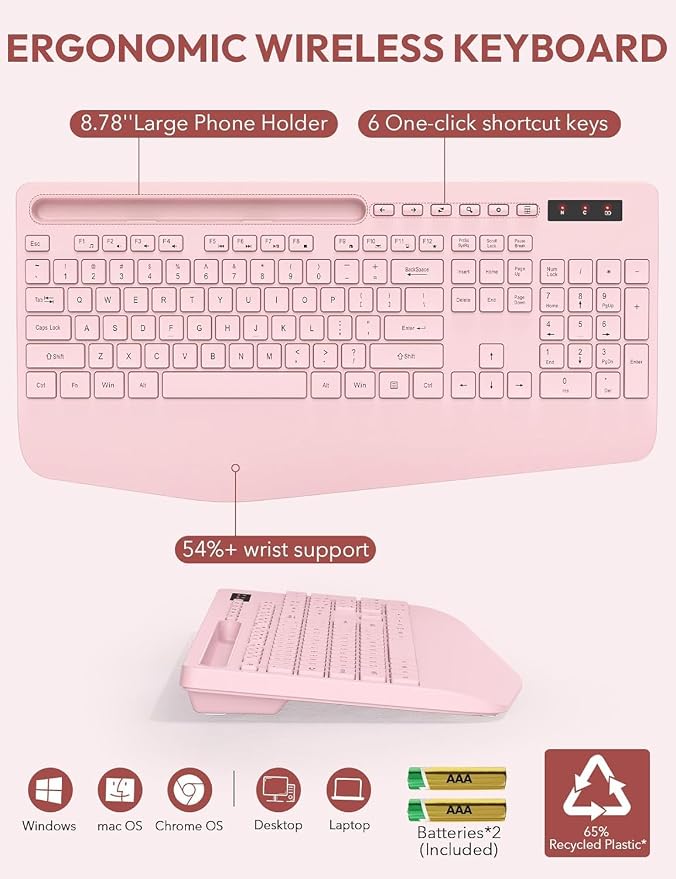 Wireless Keyboard and Mouse Combo, Full Size, Ergonomic Wrist Rest | 2.4G Lag-Free, 3-Level DPI, Phone Holder, Silent Typing, KM23D Batteries Powered Set for PC, Laptop, Windows, macOS (Pink) - Image 6