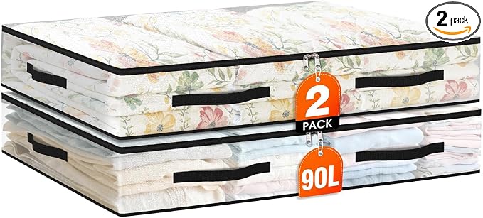 2 Pack Under Bed Storage Bags, 90L Foldable Clear Containers with Handles | Dual Zipper Storage Bins for Comforters, Bedding, Blankets, Closet Organizer for Clothes, Linen Sheets, Sweaters by Unknown