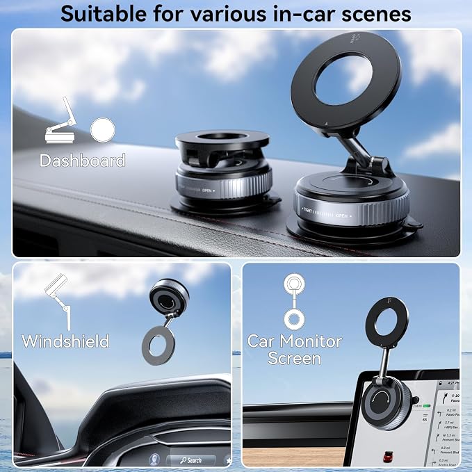 CloudValley Magnetic Car Phone Mount, Compatible with MagSafe | 360° Adjustable Foldable Holder for Dashboard, 80LBS Suction & 2800gf Magnet, Car Accessories for iPhone 17 16 15 14, Black - Image 2
