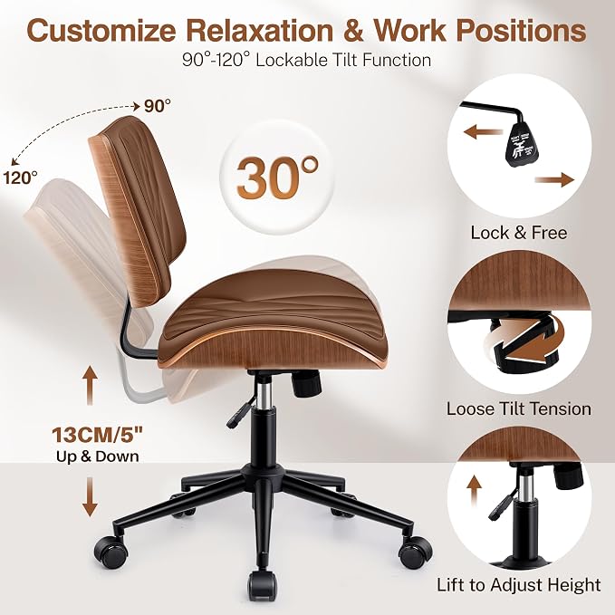 Ergonomic Armless Office Desk Chair - Mid-Century Modern Brown Faux Leather with Diamond Stitch, Adjustable Height Swivel Rolling Task Computer Chair with Walnut Accent for Home Office, Study & Work - Image 5