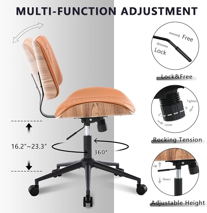 Home Office Chair No Arms with Wheels, Mid Back Walnut Style, Brown | Adjustable Height PU Leather Mid Back Support, 360 Swivel Computer Small Desk Seat, Armless Walnut Office Chair, 300LBS Cap - Image 6