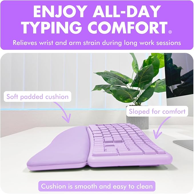 X9 Ergonomic Keyboard and Mouse Wireless Combo - Purple Keyboard and Mouse Wireless, Bluetooth/2.4G Split, Wrist Rest, Rechargeable, Silent Ergo Keys - PC, Mac, iOS, Android - Image 4