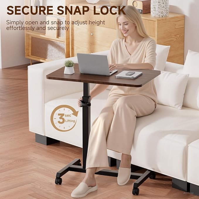 GTPLAYER Small Standing Desk, 24 Inches Foldable Mobile Rolling Laptop PC Table with Lockable Casters, Adjustable Height Overbed Bedside Table Computer Workstation for Home Office, Dark Brown-Foldable - Image 5