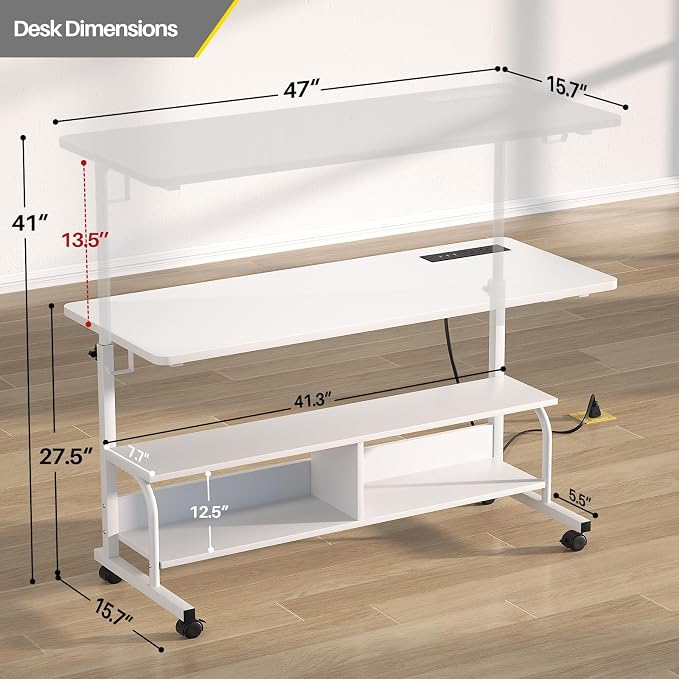 47" Rolling Standing Desk with Charging Station for Couch Bed | Height Adjust 27.5-41", 2 AC/3 USB, Mobile 4 Lockable Wheels, 2-tier Shelves Hook, Safe Corner Fast Assembly - Image 3